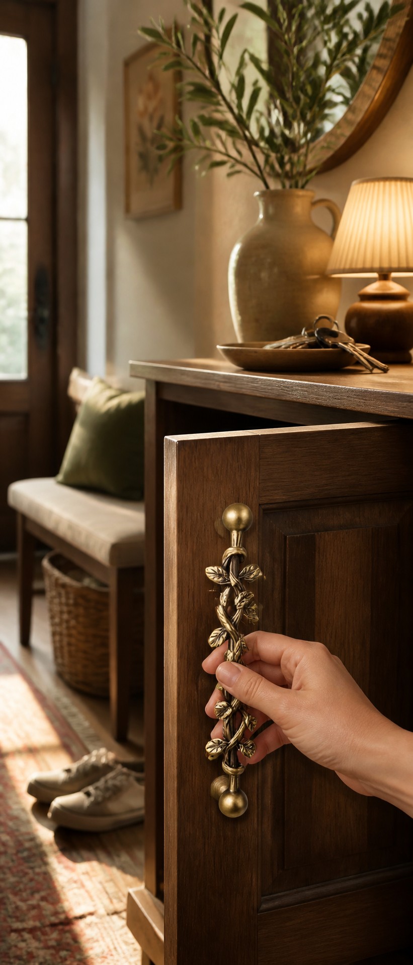 Decorative cabinet hardware in a warm interior