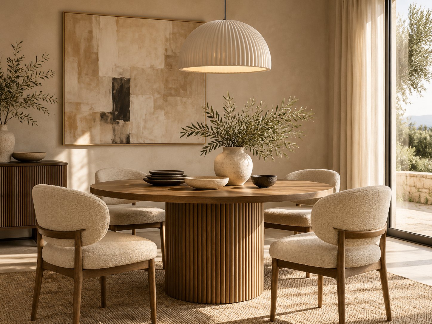 Coin repas chaleureux avec chaises couleur crème et suspension lumineuse