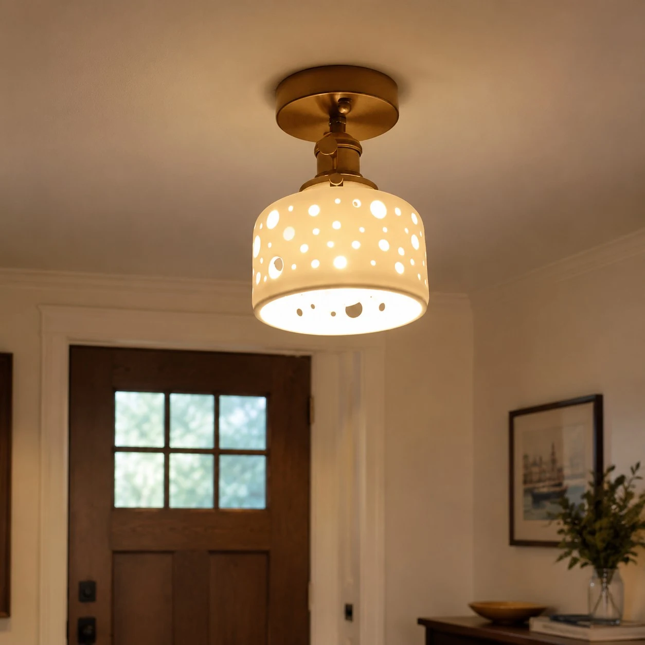 Dot ceramic ceiling light mounted near an entry door