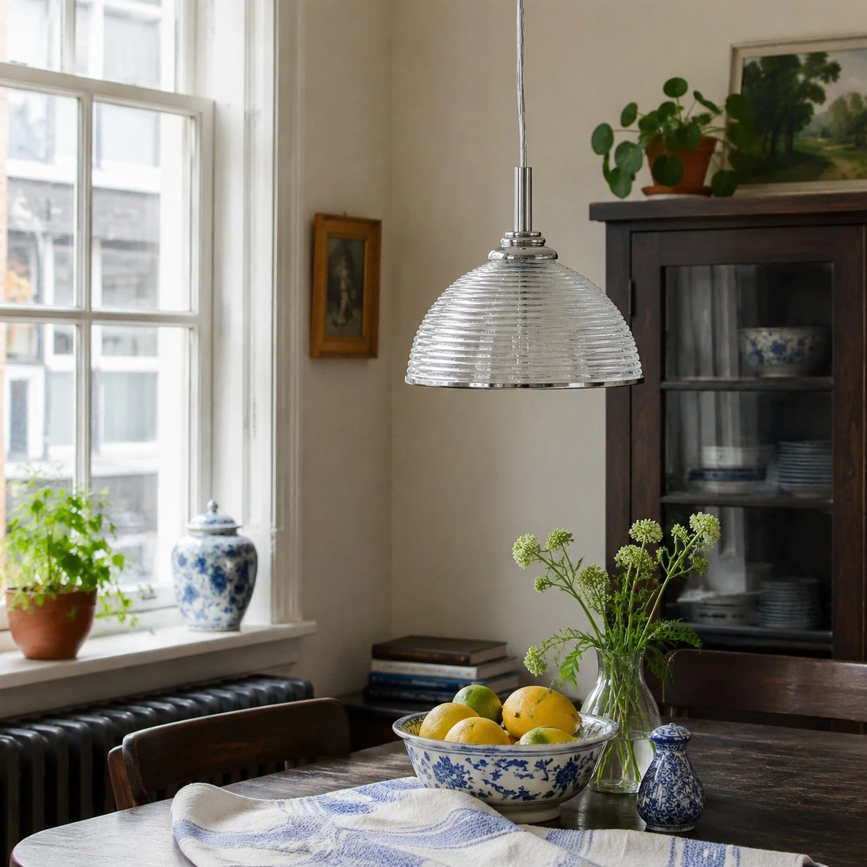 Clear ribbed glass pendant light above a table with plants