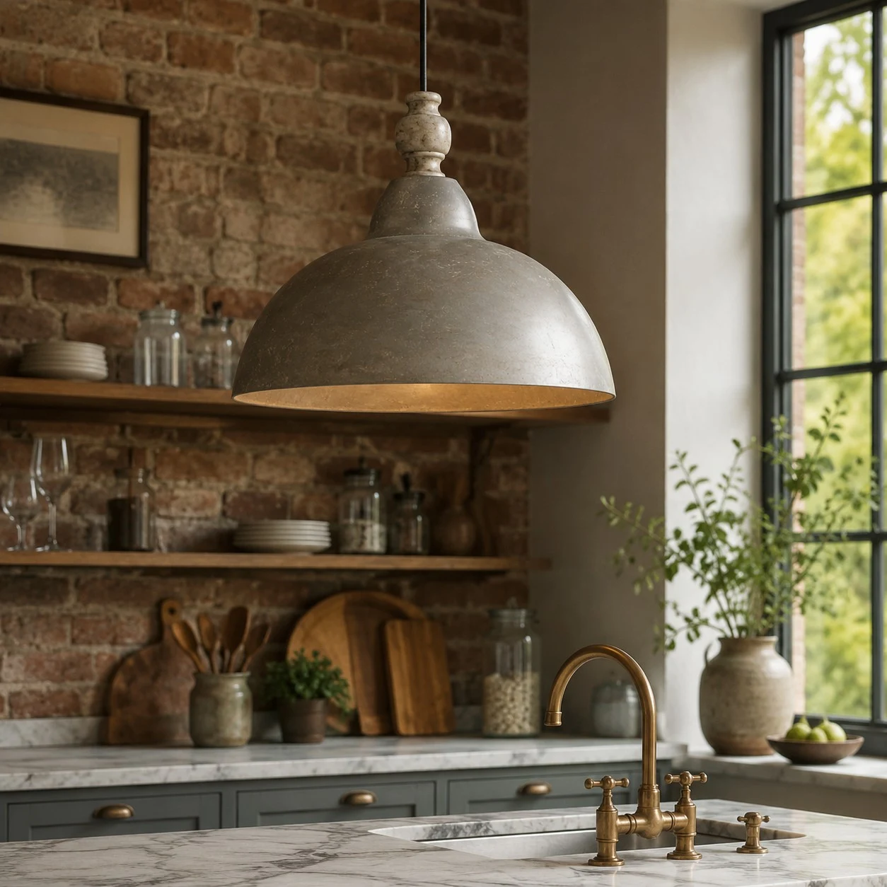 hand finished silver pendant light over a brick kitchen sink area