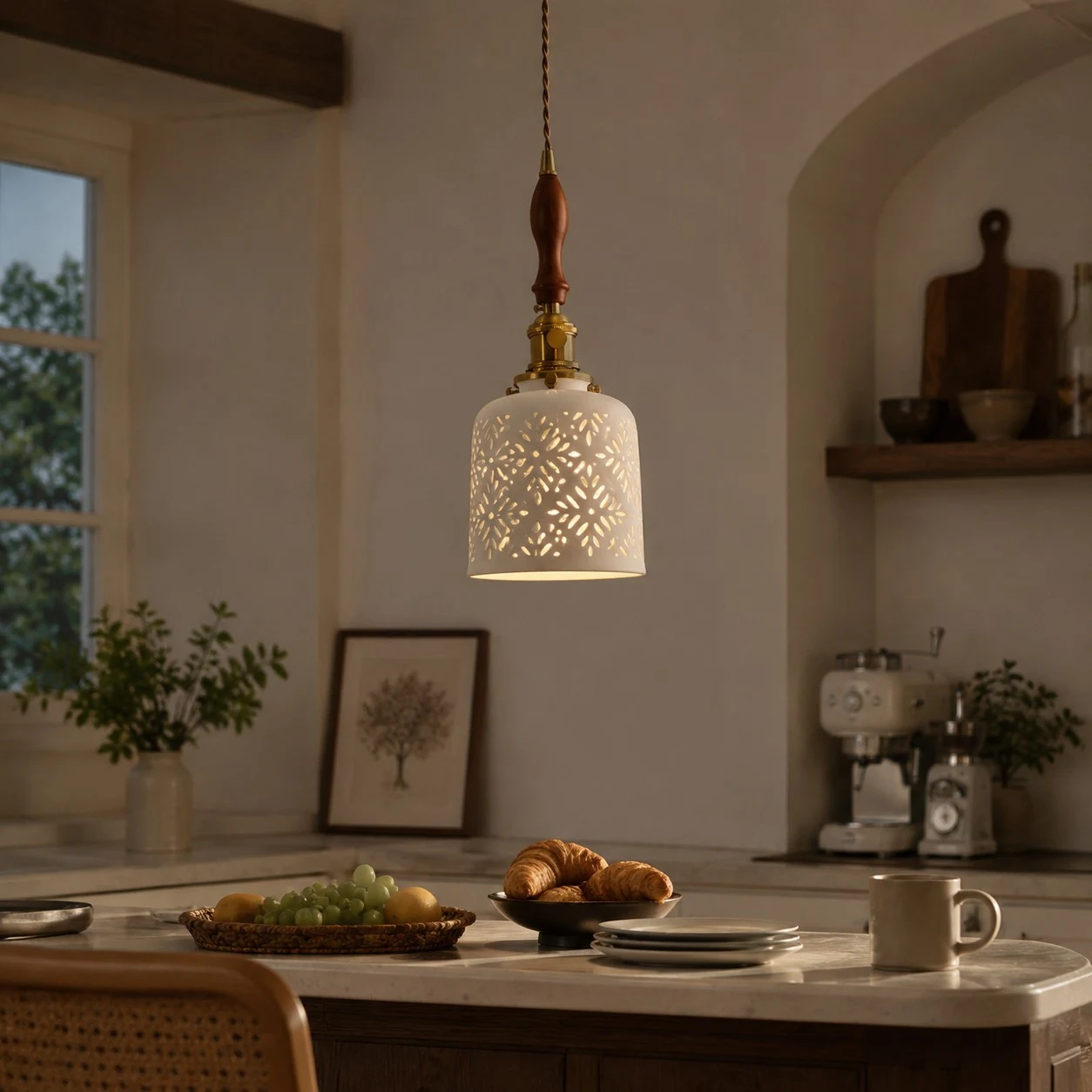 Wood accent starflower ceramic pendant light in a dining room