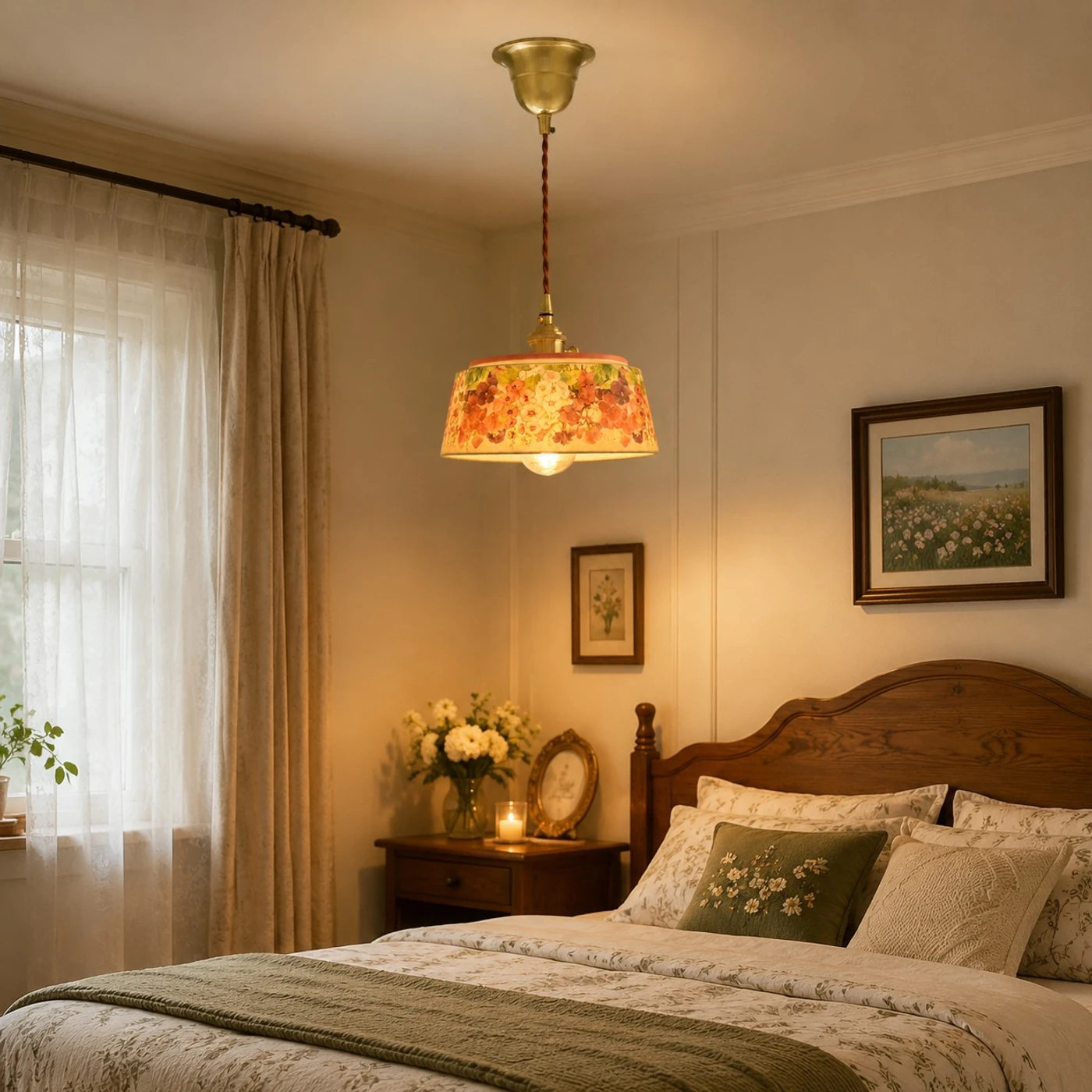 Vintage floral ceramic pendant light detail and room view