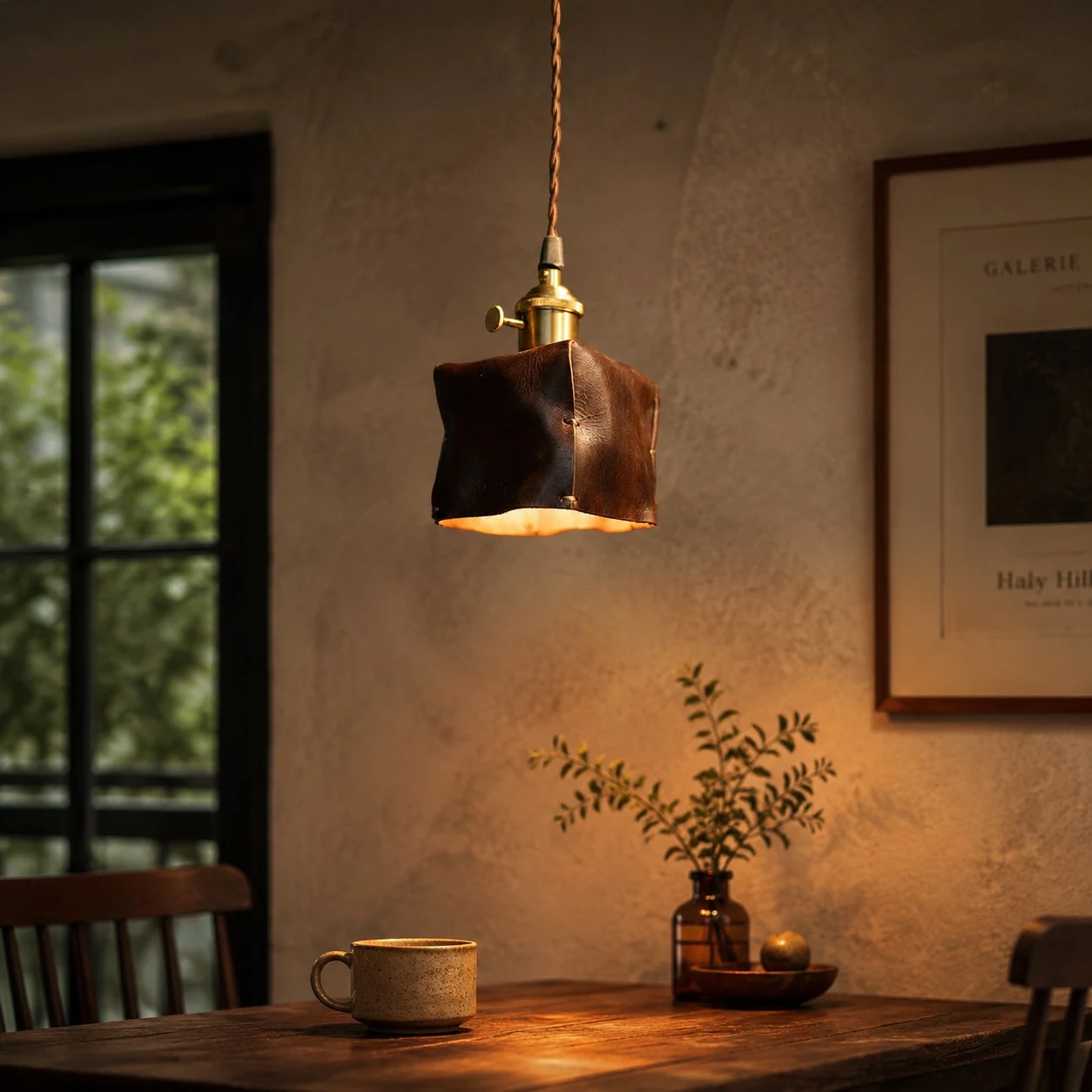 Brown pendant glowing above table scene
