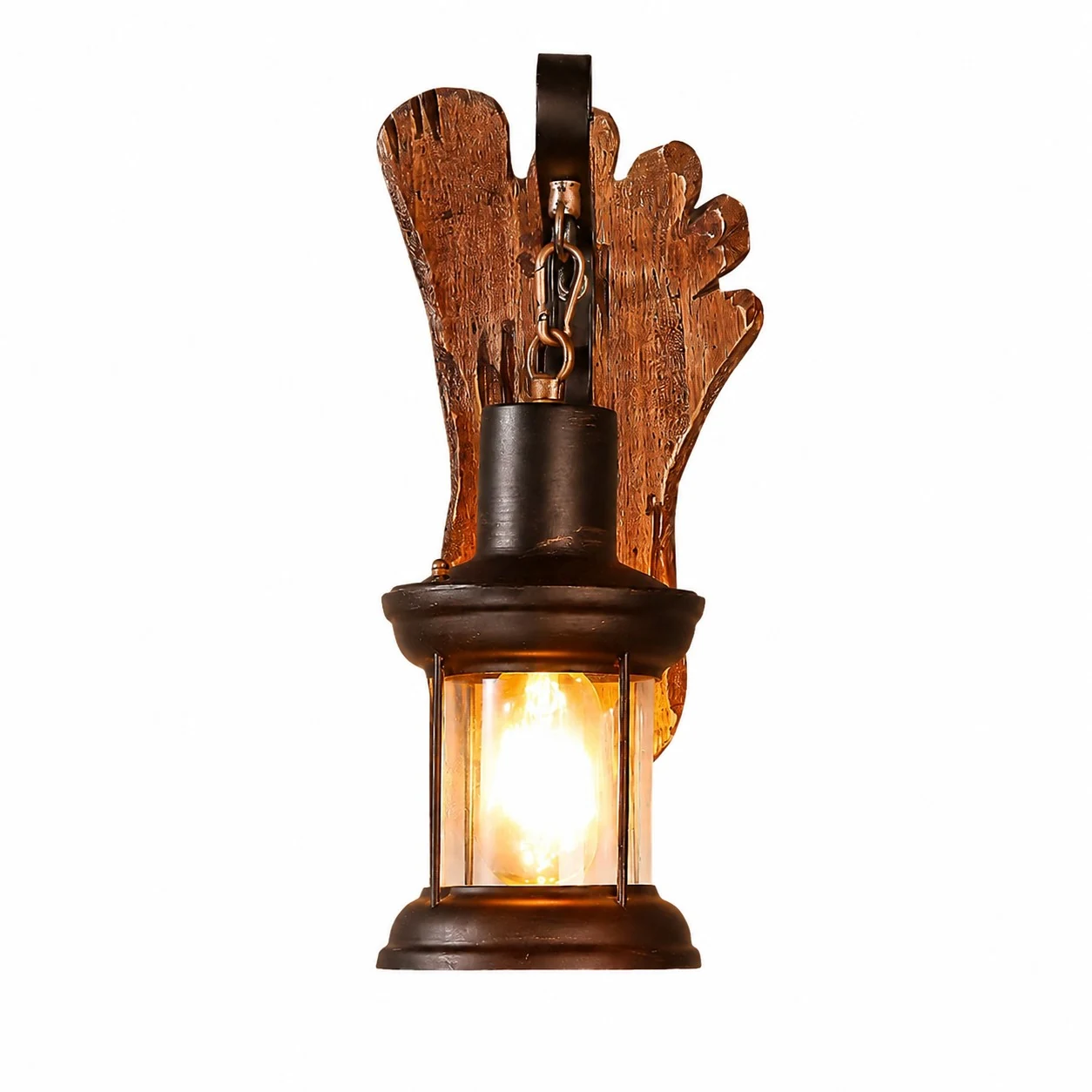 Carved Hand Wood Lantern Sconce