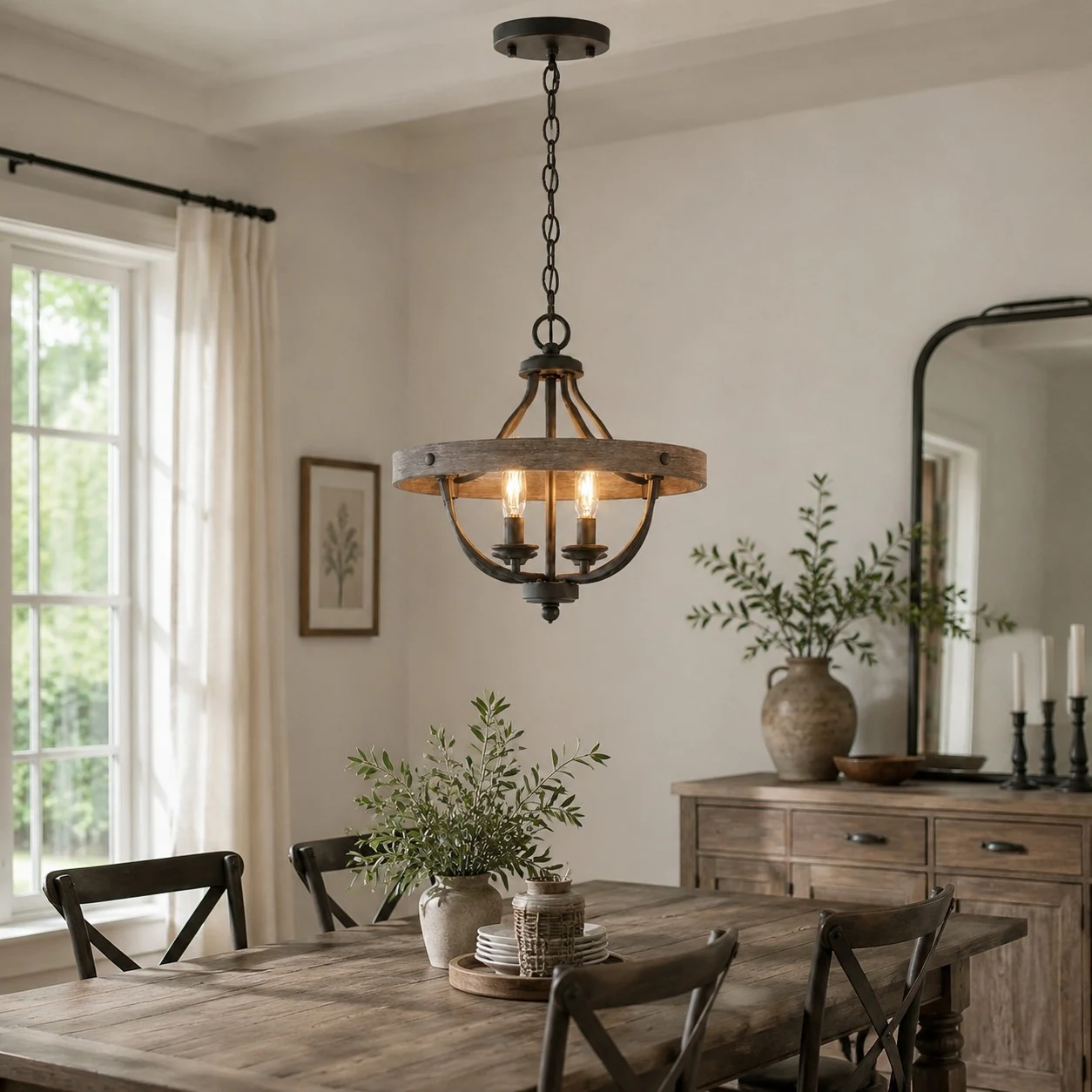 Dining room aged bronze pendant scene
