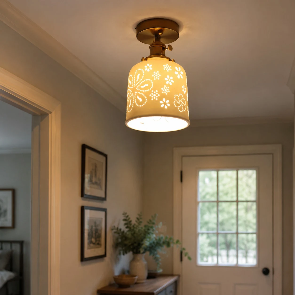 Flush mount ceramic ceiling light in a warm entryway