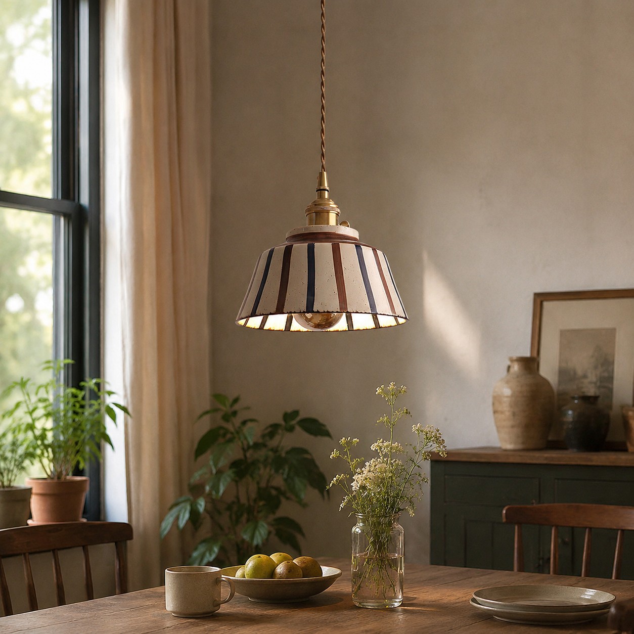 Striped ceramic pendant beside a window