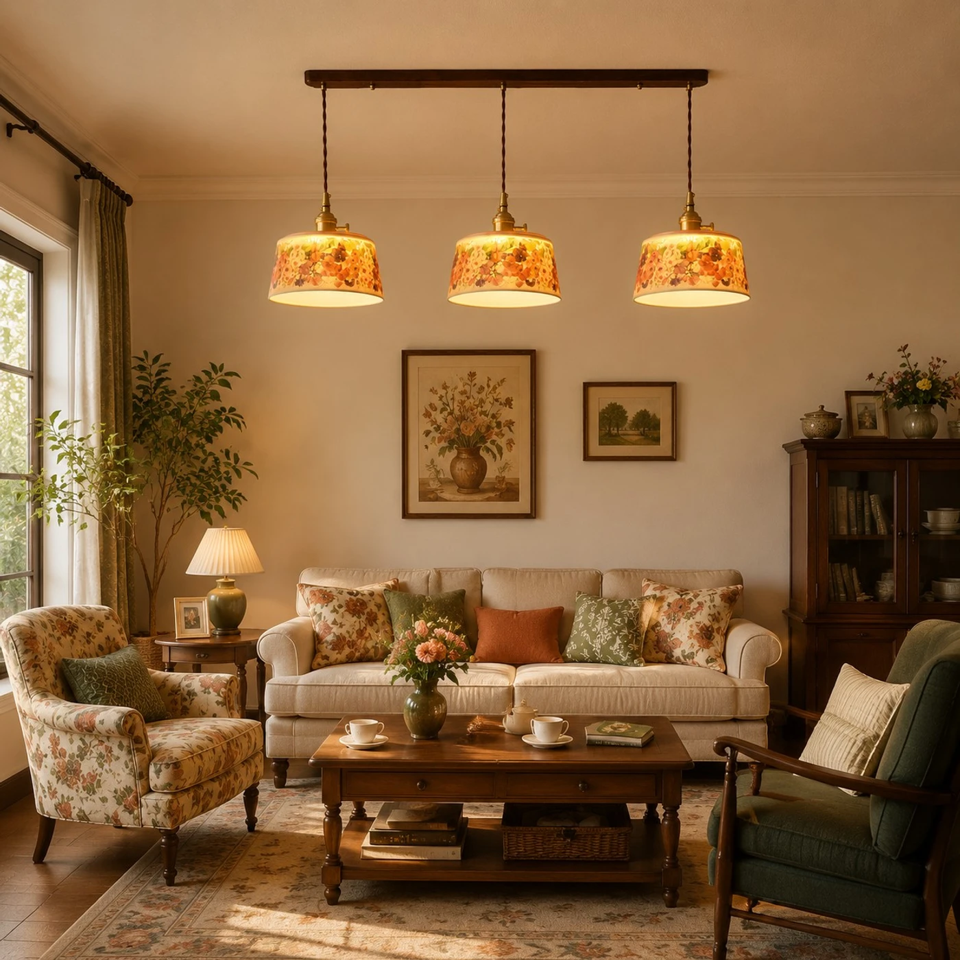 Vintage floral ceramic pendant light detail and room view