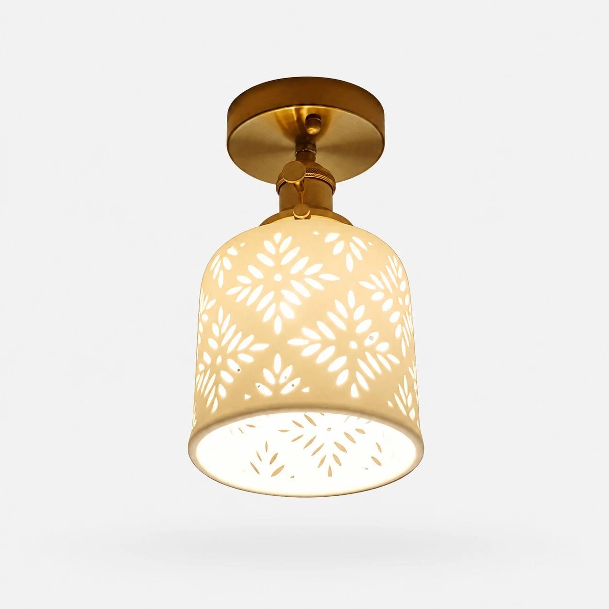 Flush mount starflower ceramic ceiling light with brass canopy