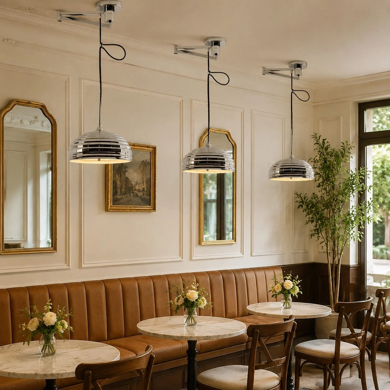 Chrome pendant lights installed in a French cafe dining room