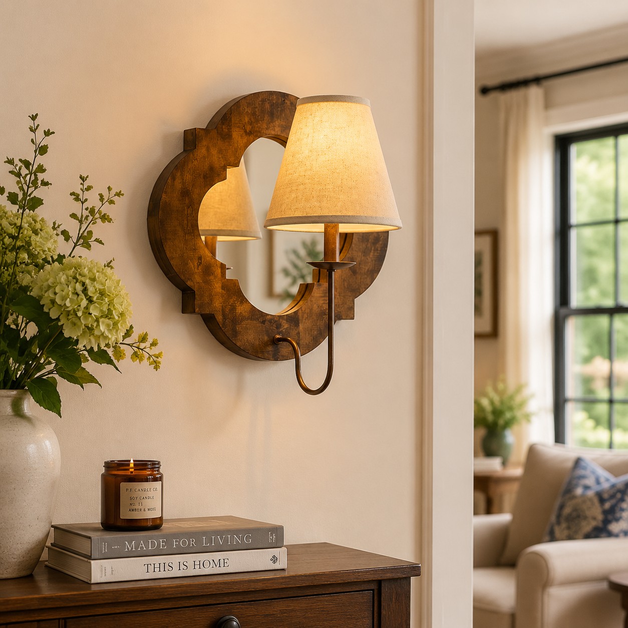 Antique Wood Wall Sconce With Fabric Shade