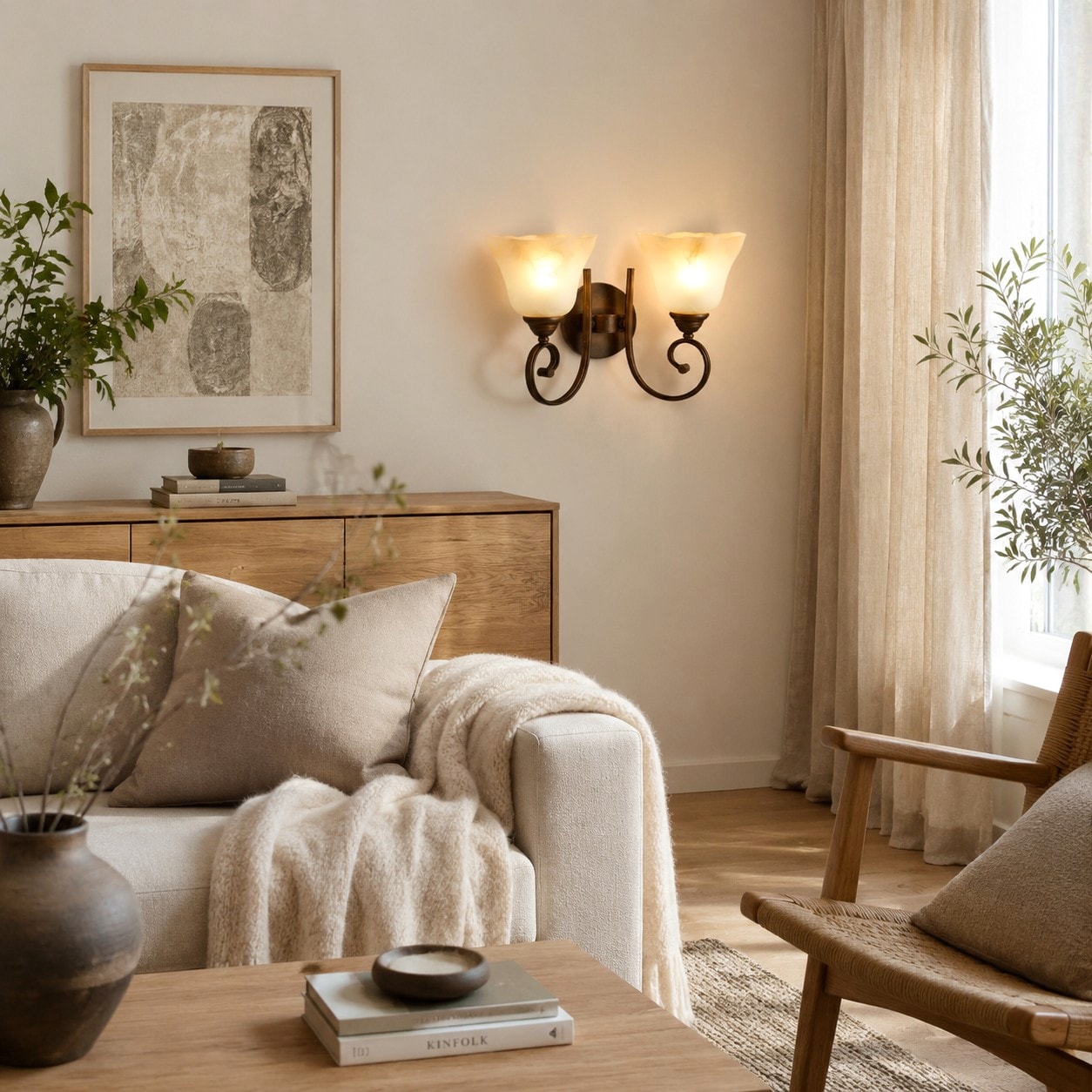One-light wall sconce beside a sofa