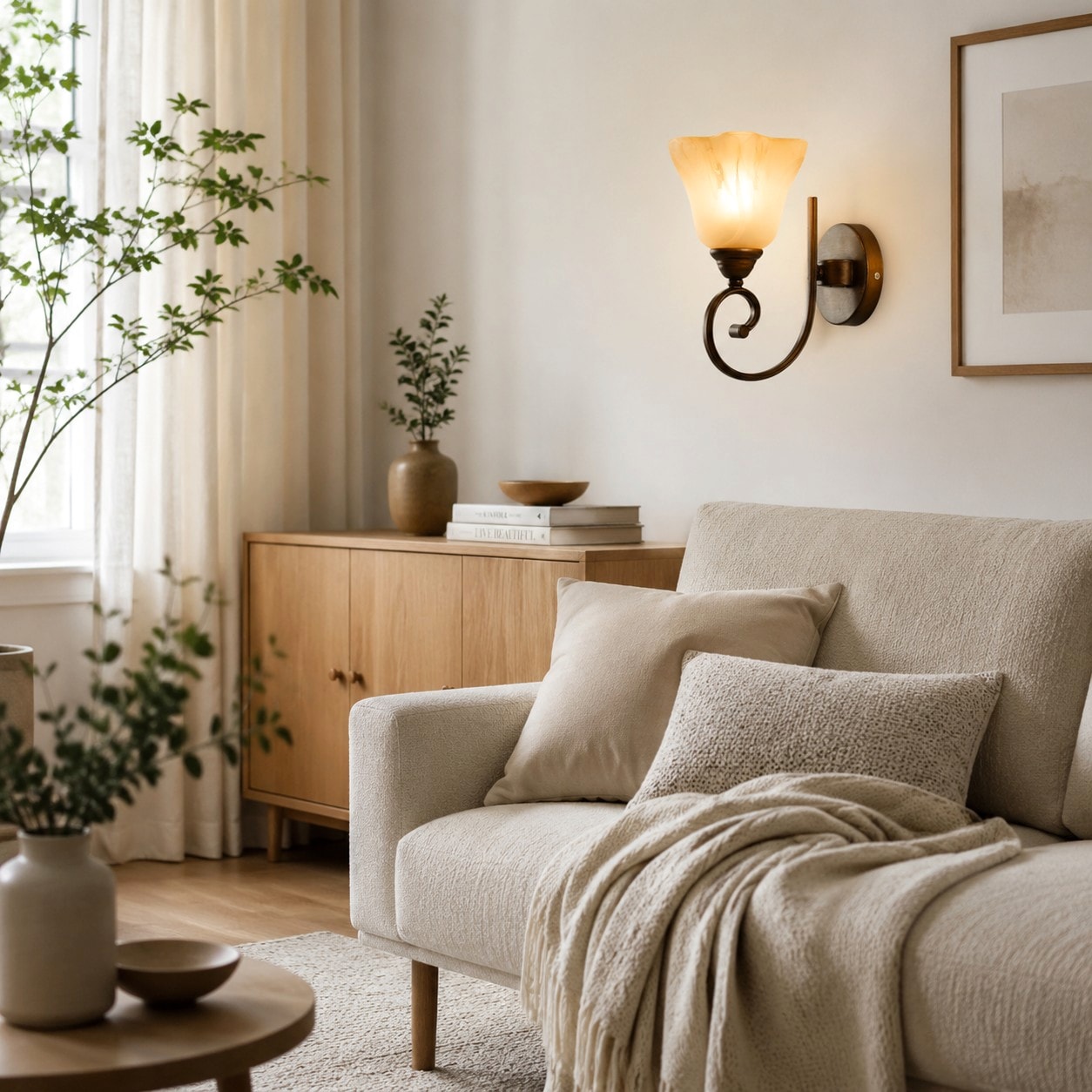 Wall sconce above a cabinet and sofa