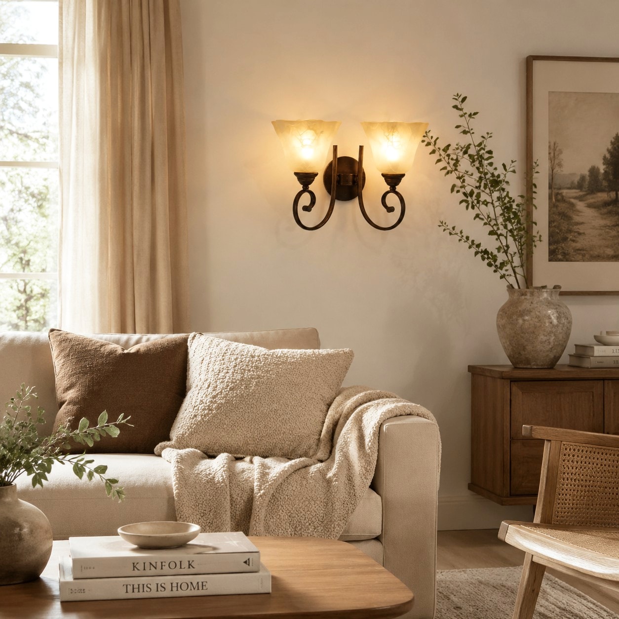 Frosted glass wall sconce in a bright seating room