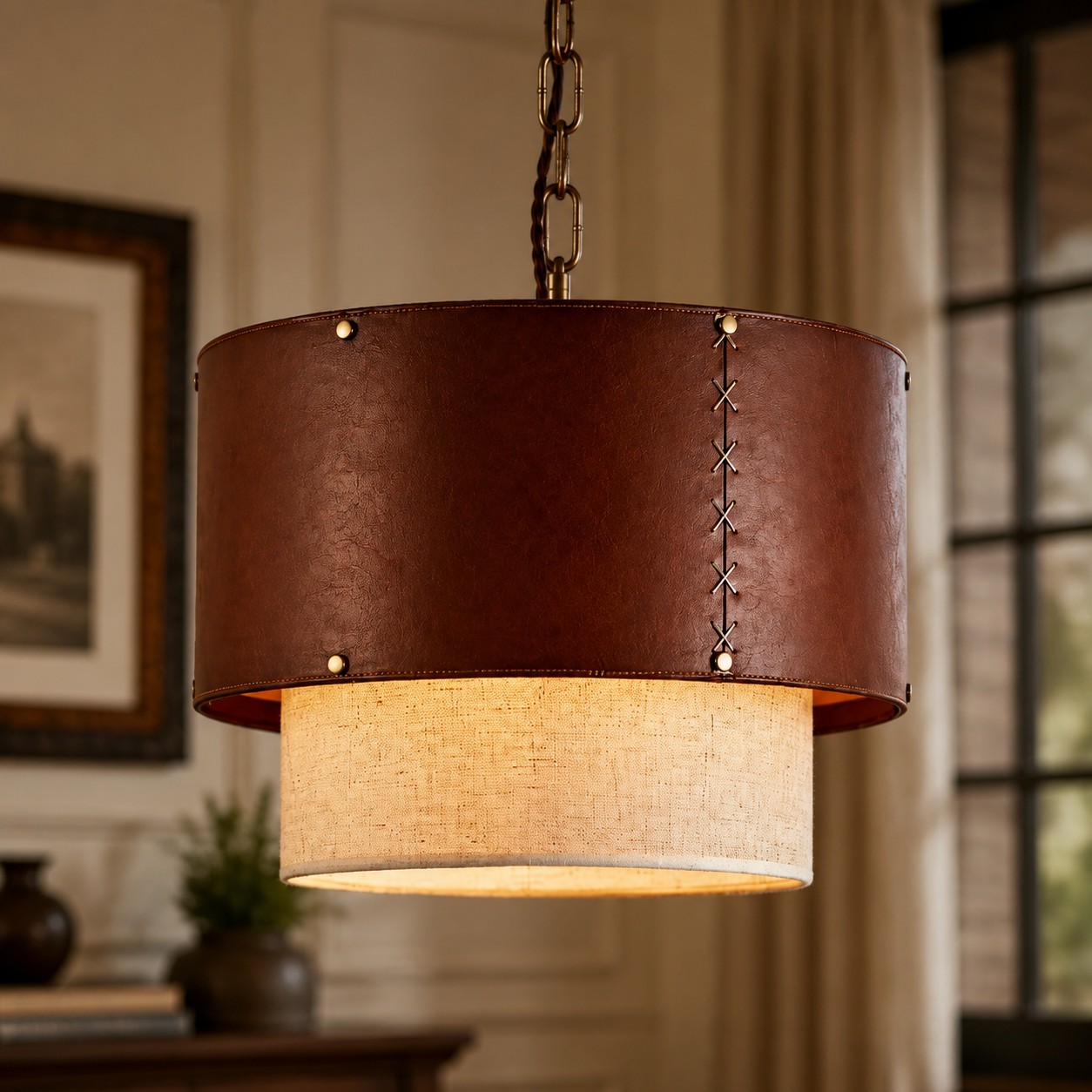 Brown leather pendant light in a warm interior scene