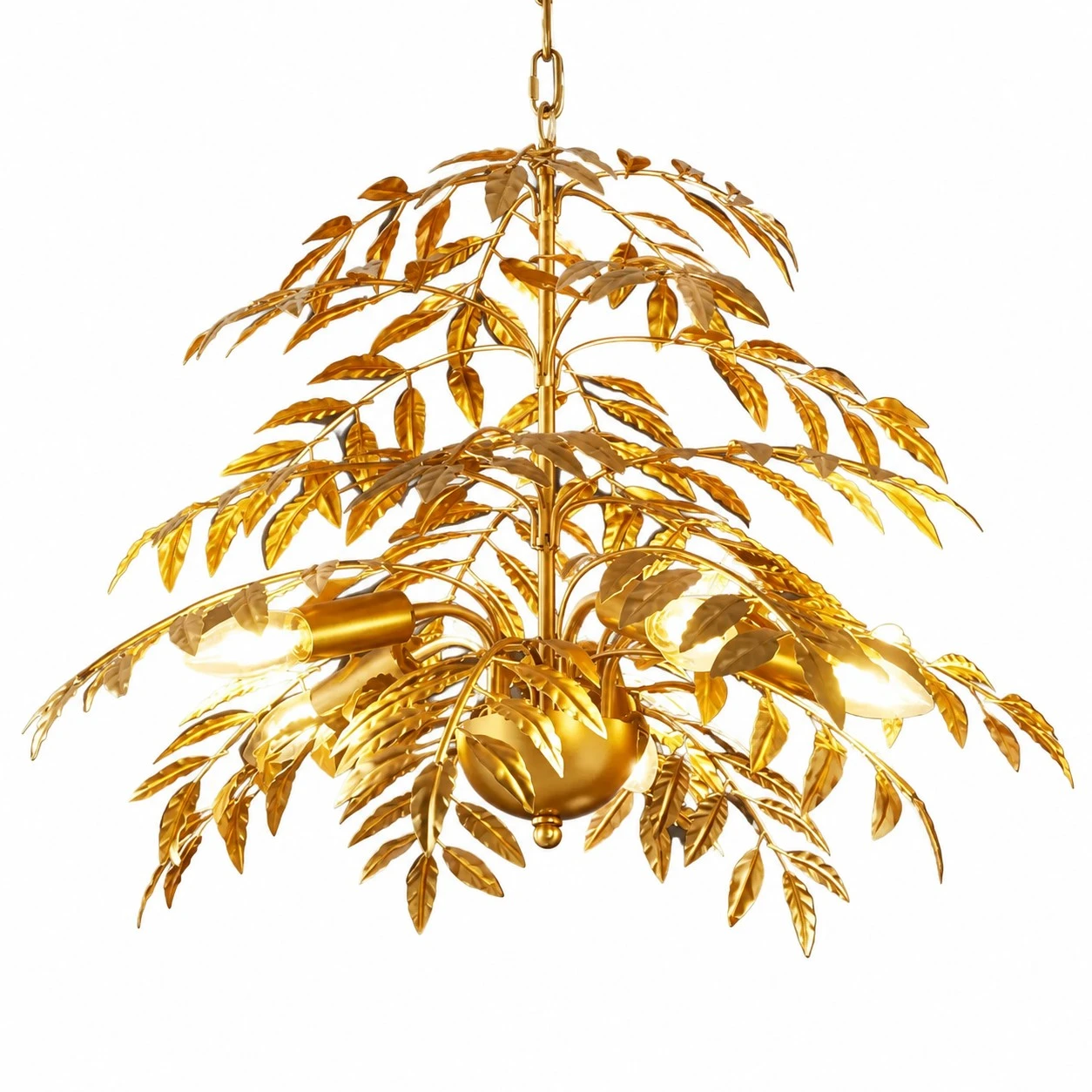Four layer gold palm leaf chandelier on a white background