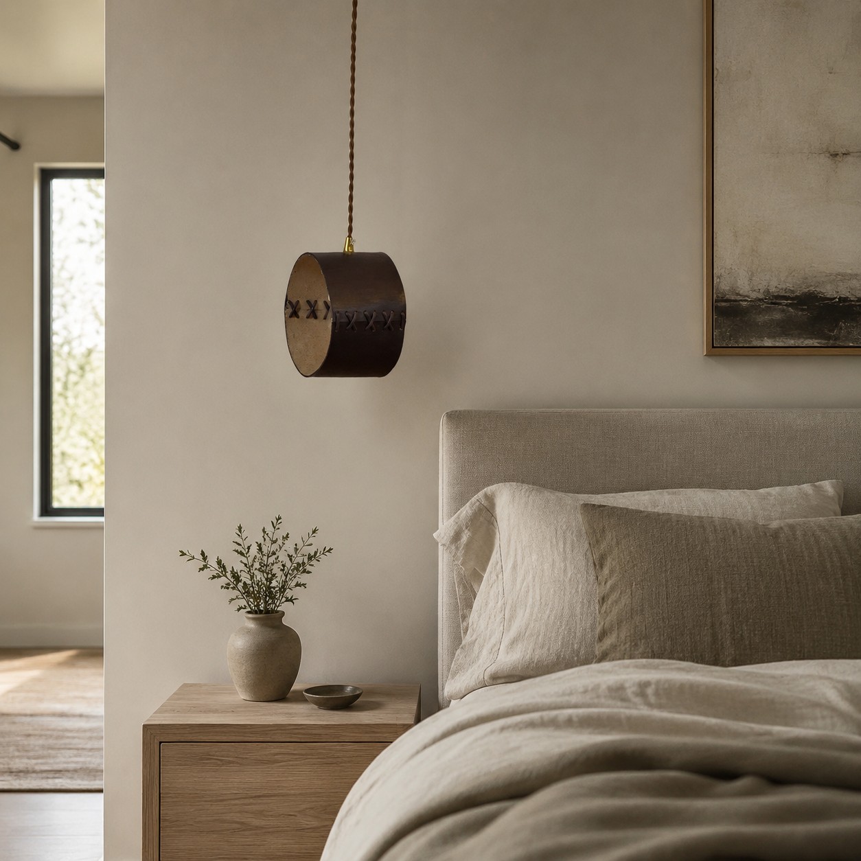 Hand-laced leather cylinder pendant light in an interior setting