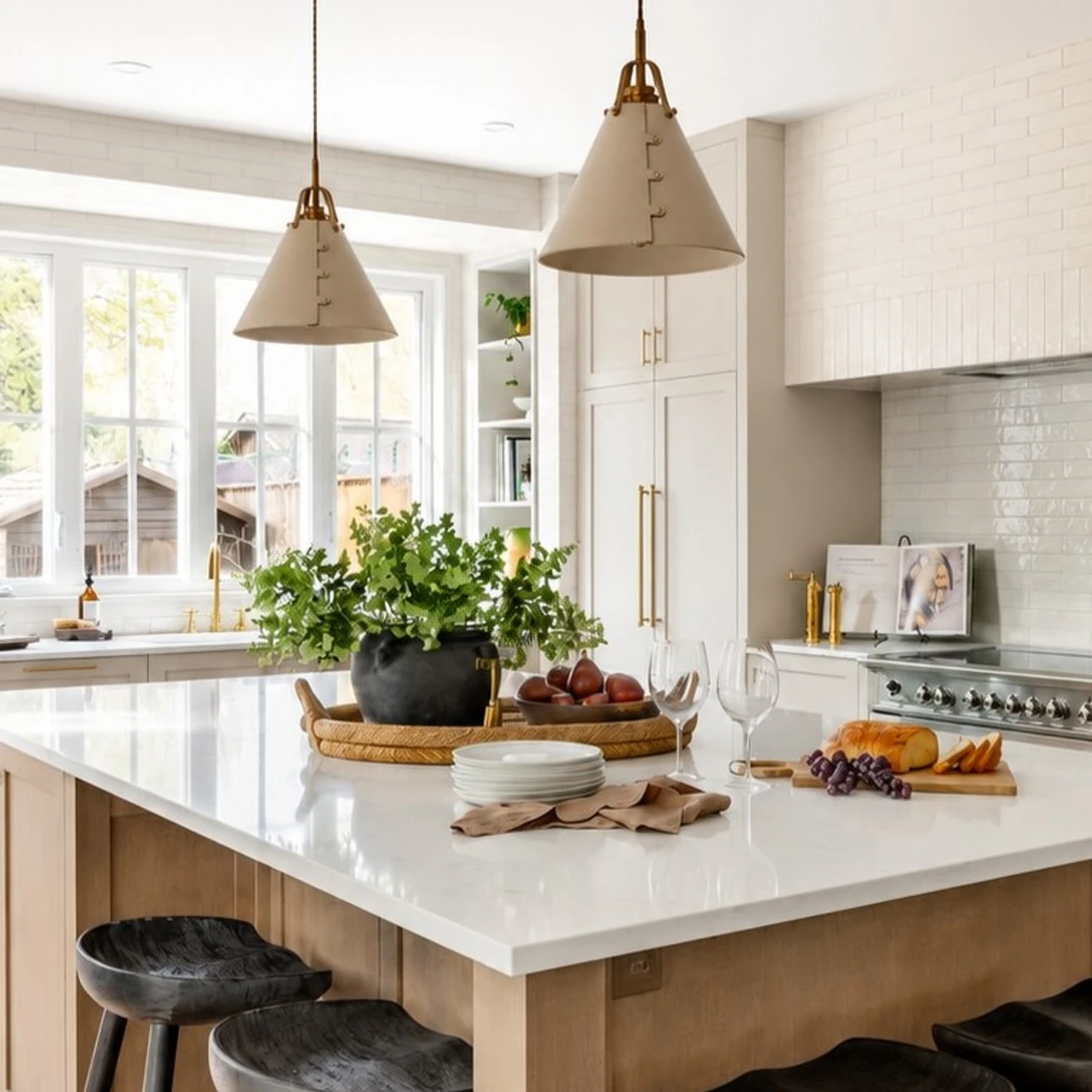 Leather pendant lights above a kitchen island