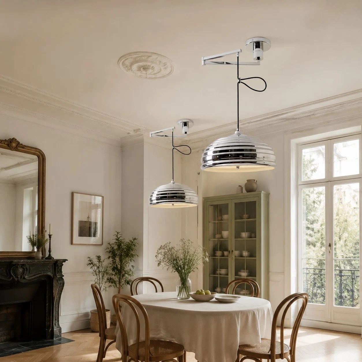 Pair of adjustable chrome pendant lights in a bright dining room