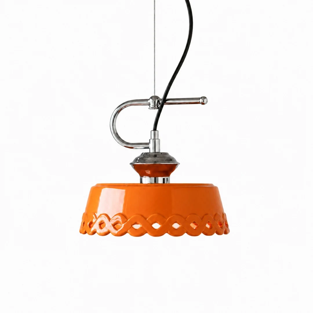 Orange metal and ceramic pendant lamp close product angle