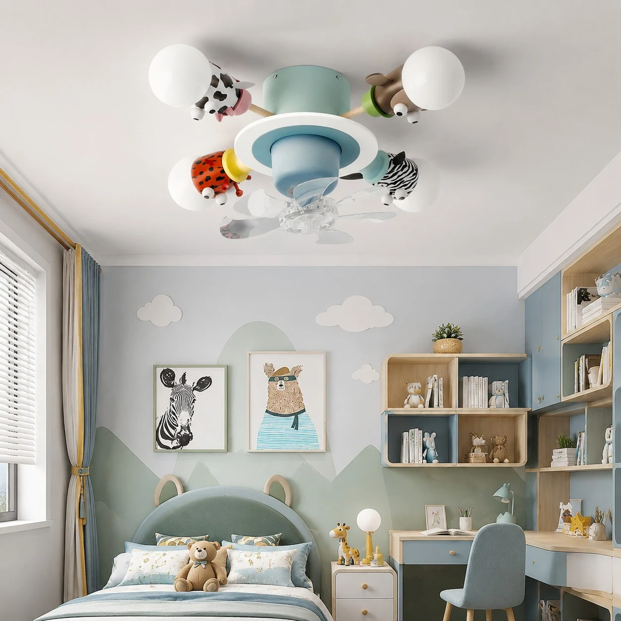 Blue kids animal ceiling fan light mounted in a child bedroom