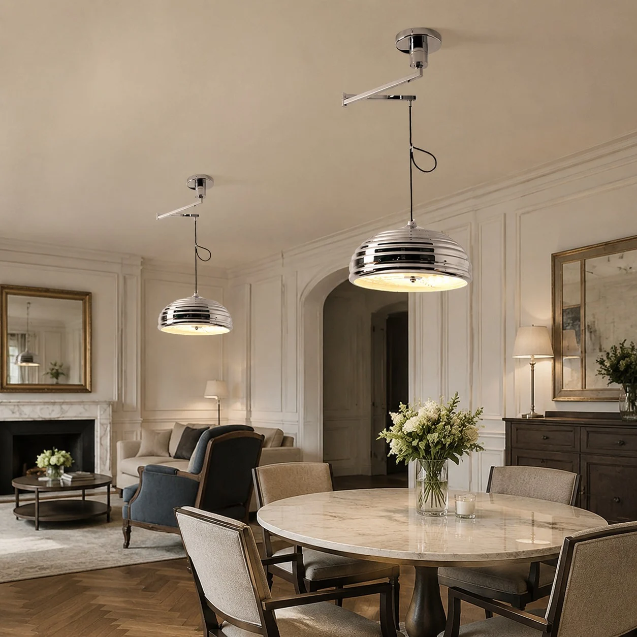 Chrome adjustable pendant light in a classic living dining room