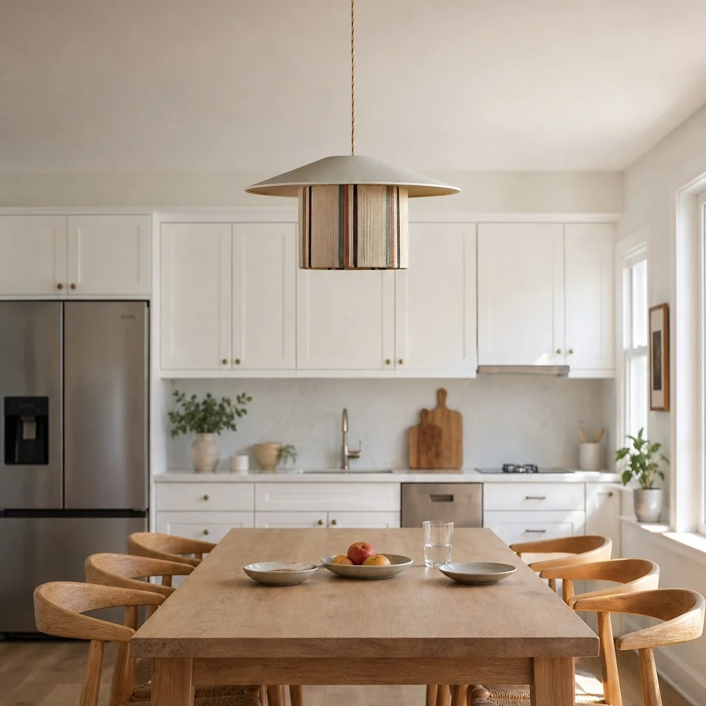 Wabi-sabi fabric pendant lamp over a dining table