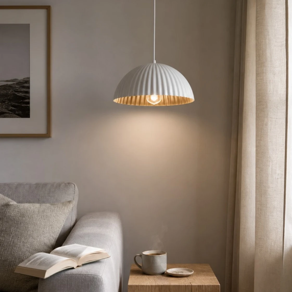 White metal pendant lamp in a sofa corner