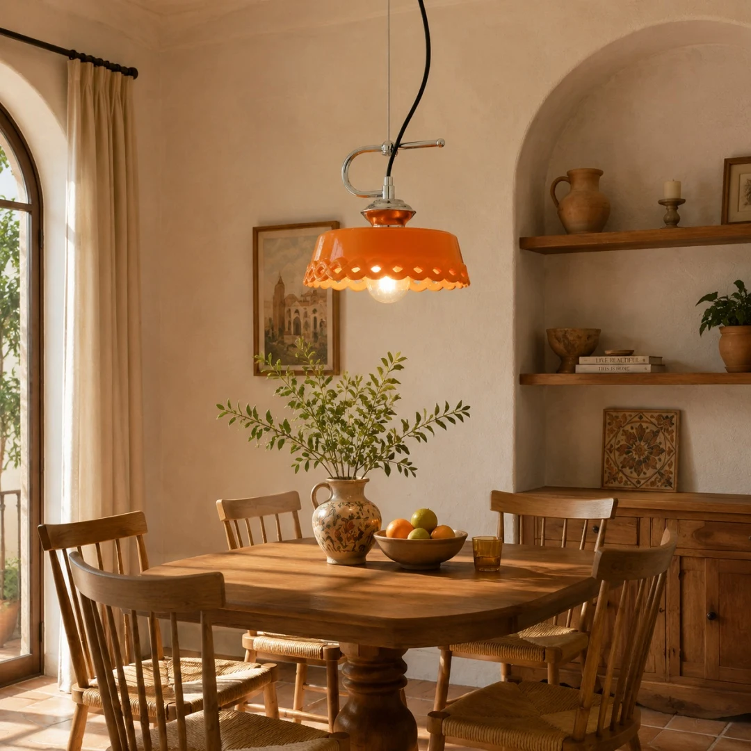 Orange metal and ceramic pendant lamp in a warm kitchen dining nook