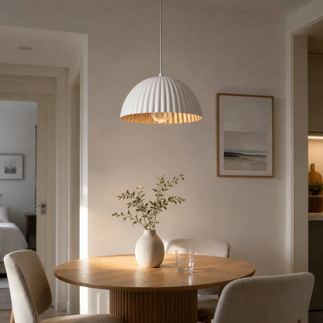 White metal pendant lamp over a round dining table