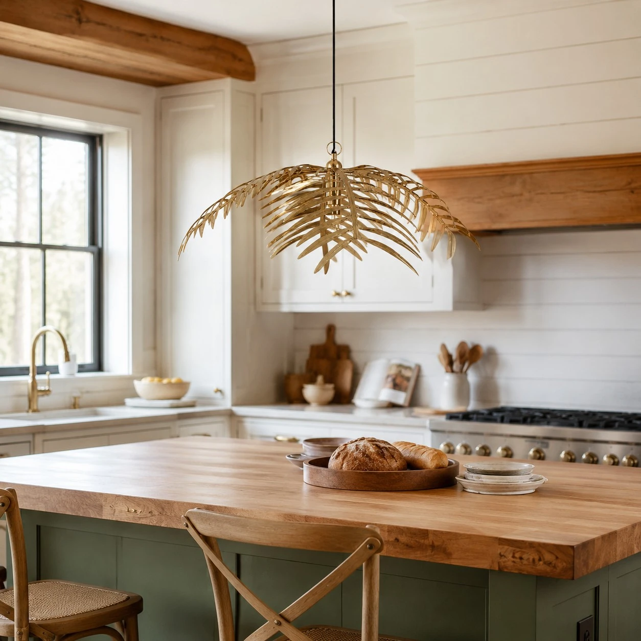 Single layer gold palm leaf chandelier above a kitchen island