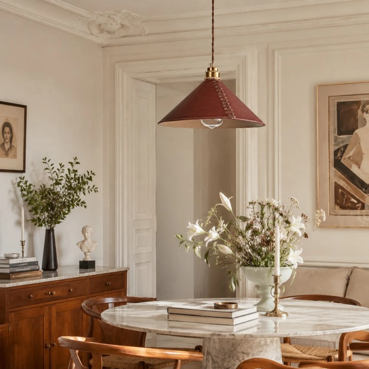 Reddish-brown leather pendant lamp over a round dining table