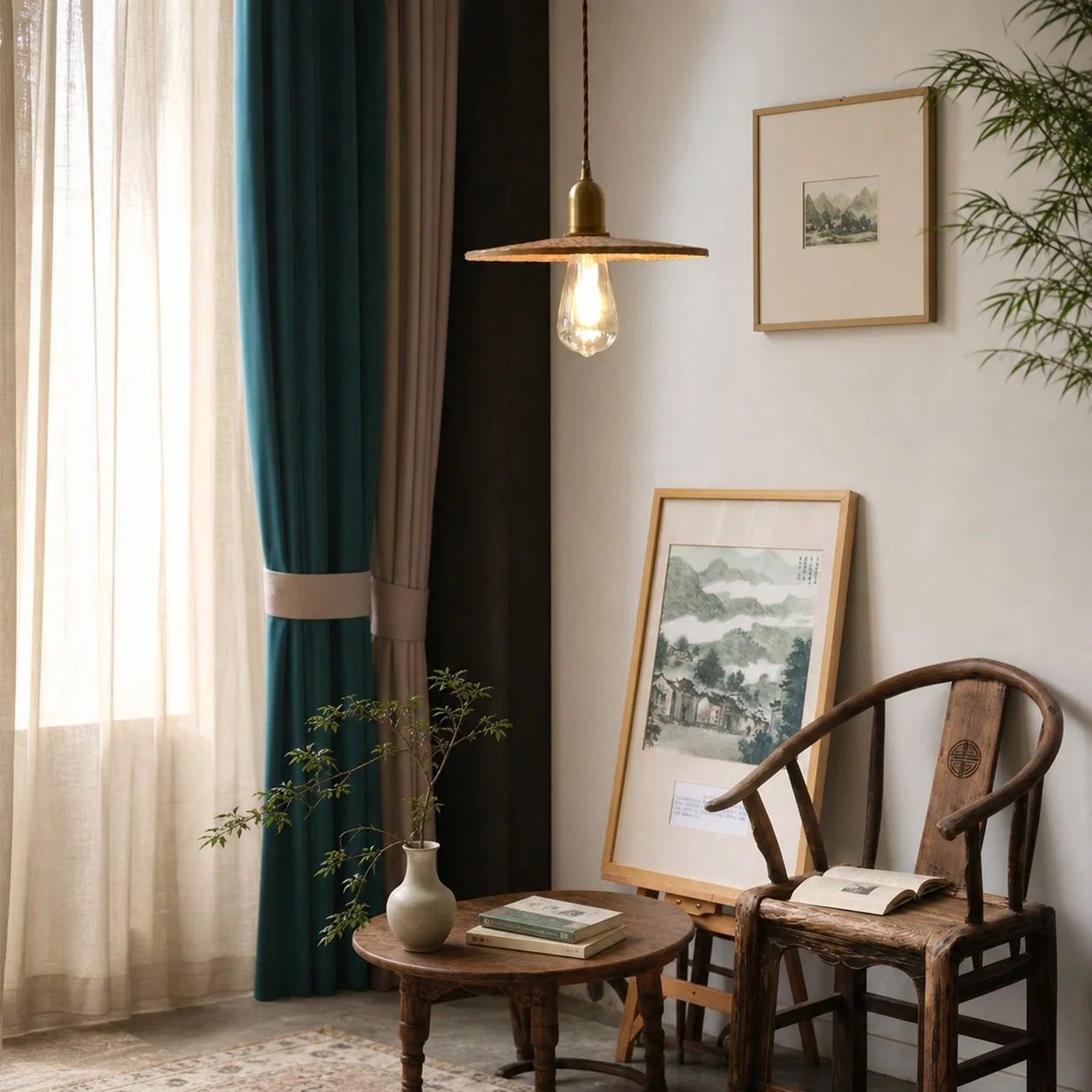 Single pendant light beside a reading chair and framed art