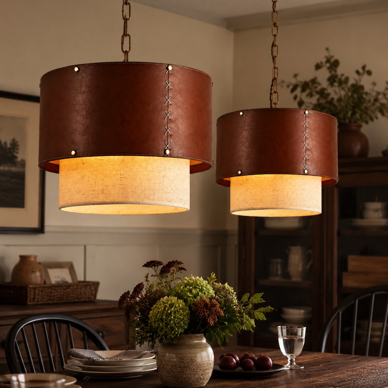Brown leather drum shade pendants above a dining table