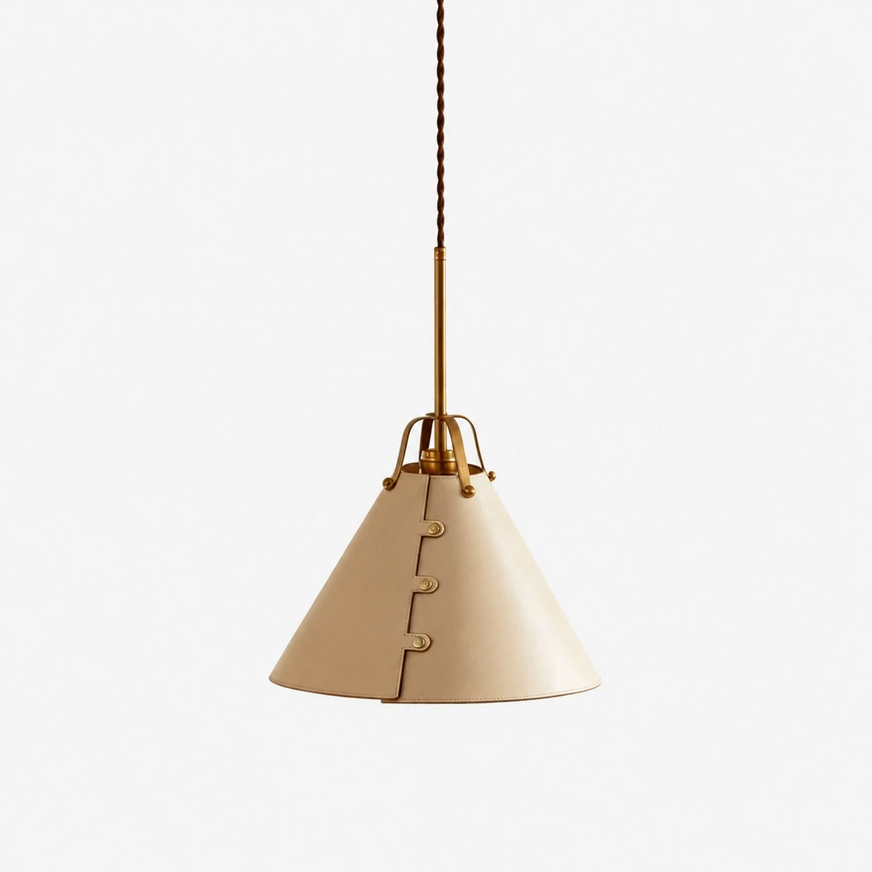 Leather cone pendant light with brass hardware and brown cord