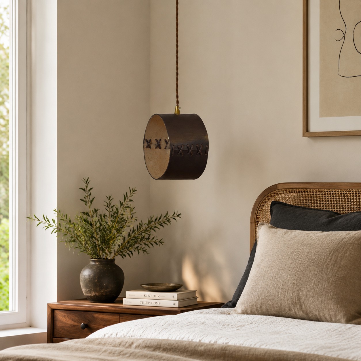 Hand-laced leather cylinder pendant light in an interior setting