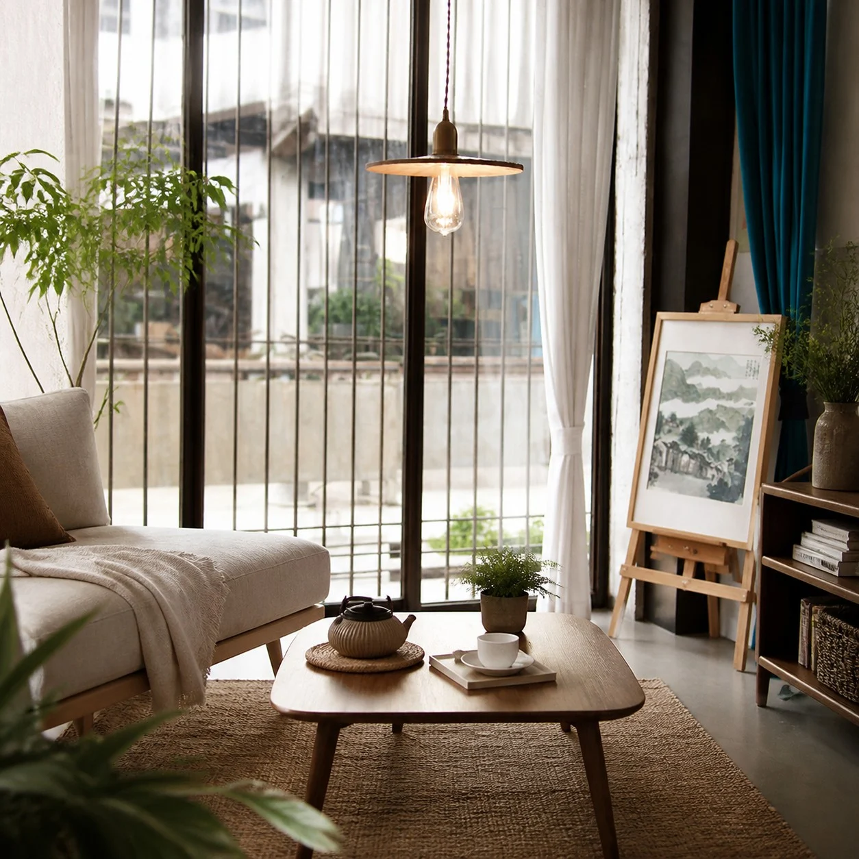Wood pendant light above a small living room table beside a window